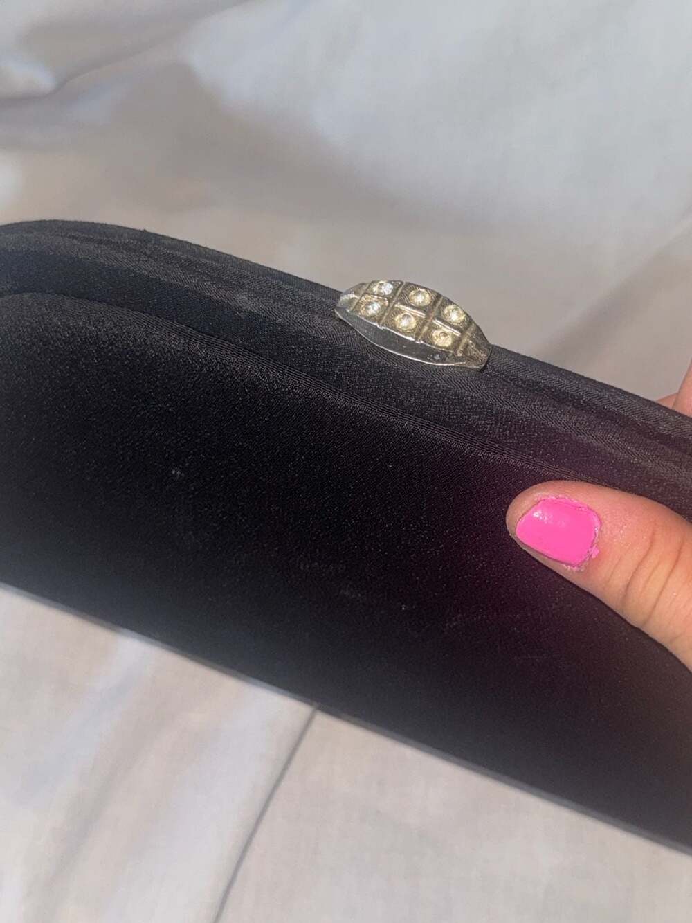 Vintage Black Satin Evening Clutch Rhinestone Kiss Lock Clasp